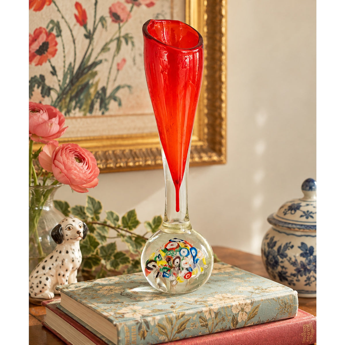 Vintage MCM Lenwile Ardalt Japan Art Glass Vase | Red Millefiori Paperweight