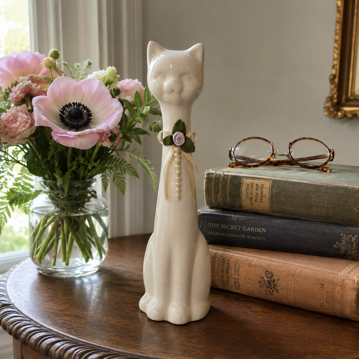Mid-Century White Ceramic Cat Figurine
