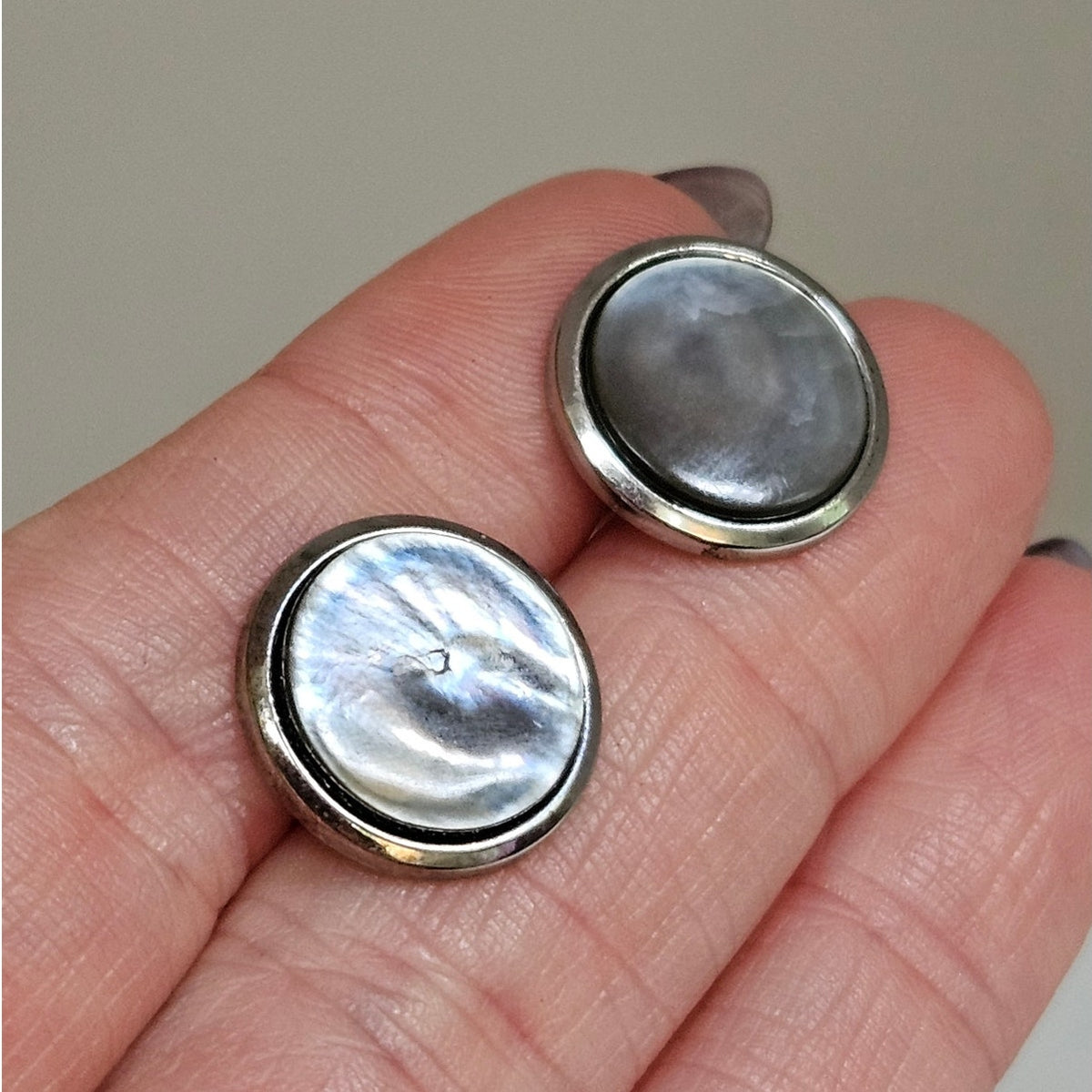 Vintage MCM Gray Mother of Pearl Cufflinks | Silver Tone Round Quiet Luxury