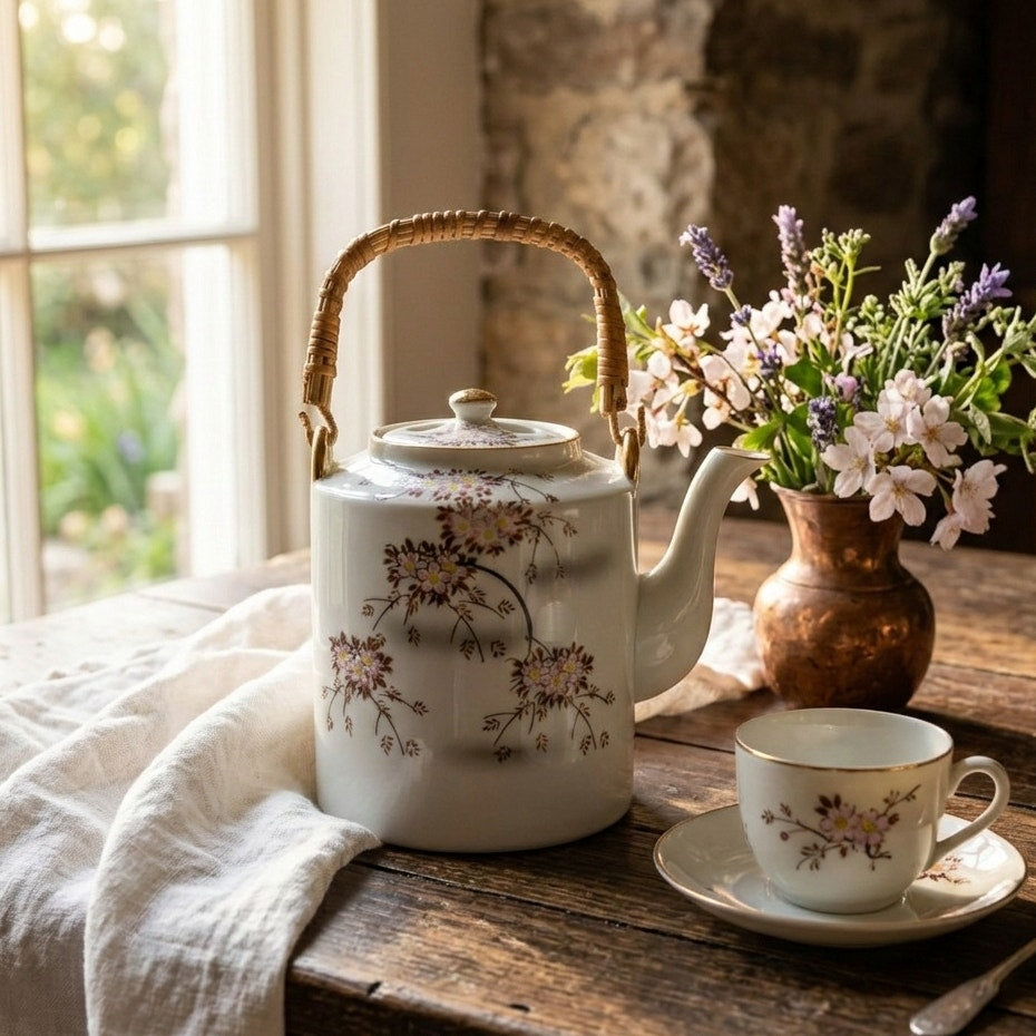 Mid-Century Japanese Cherry Blossom Porcelain Teapot with Rattan Handle | Vintage 1950s