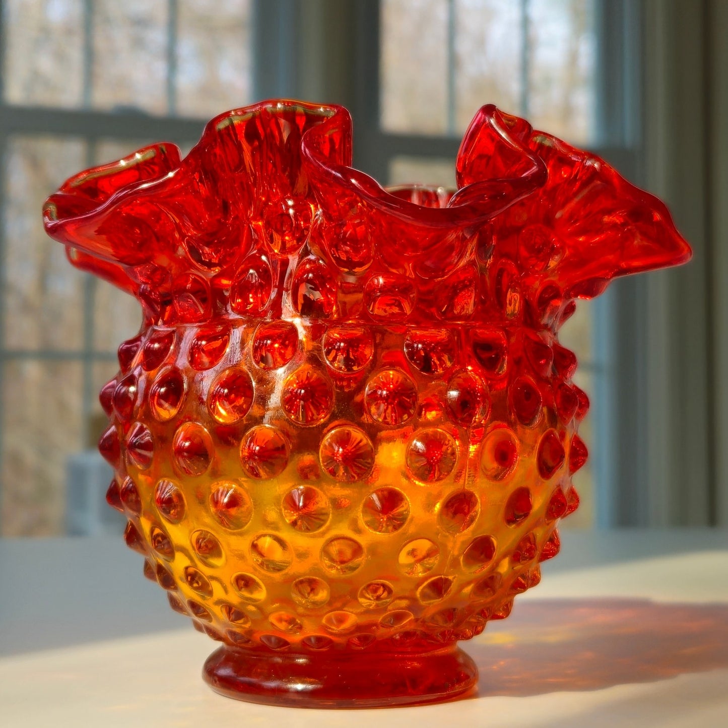 Vintage Amberina Hobnail Glass Rose Bowl
