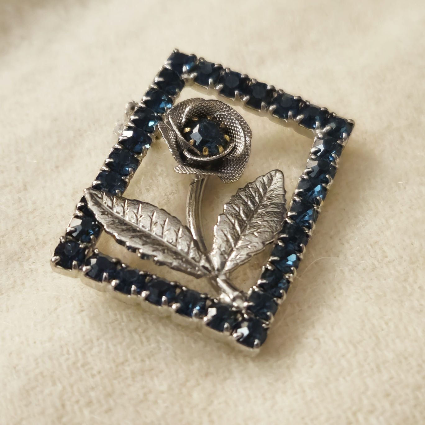 Vintage Mid-Century Blue Rhinestone Flower Brooch | Sapphire Rectangular Pin