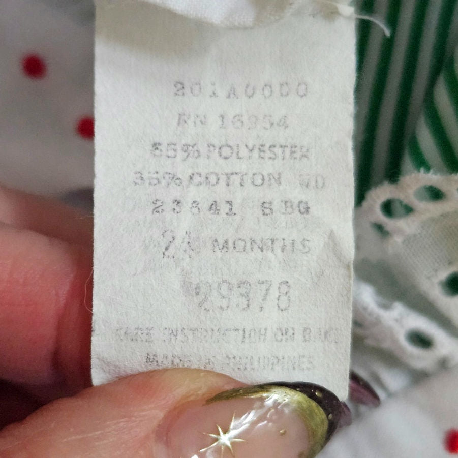 1980s Baby Togs Green Stripe Eyelet Pinafore Dress | Girls 12M