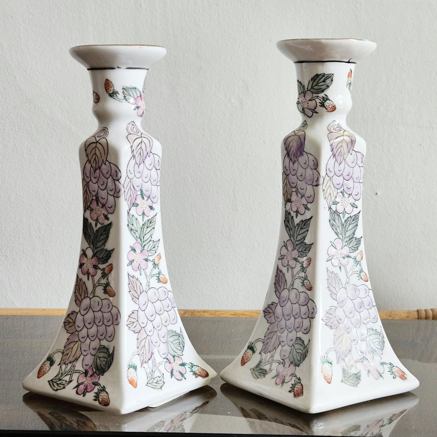 1980s Pair of Grapes & Strawberries Candlestick Holders