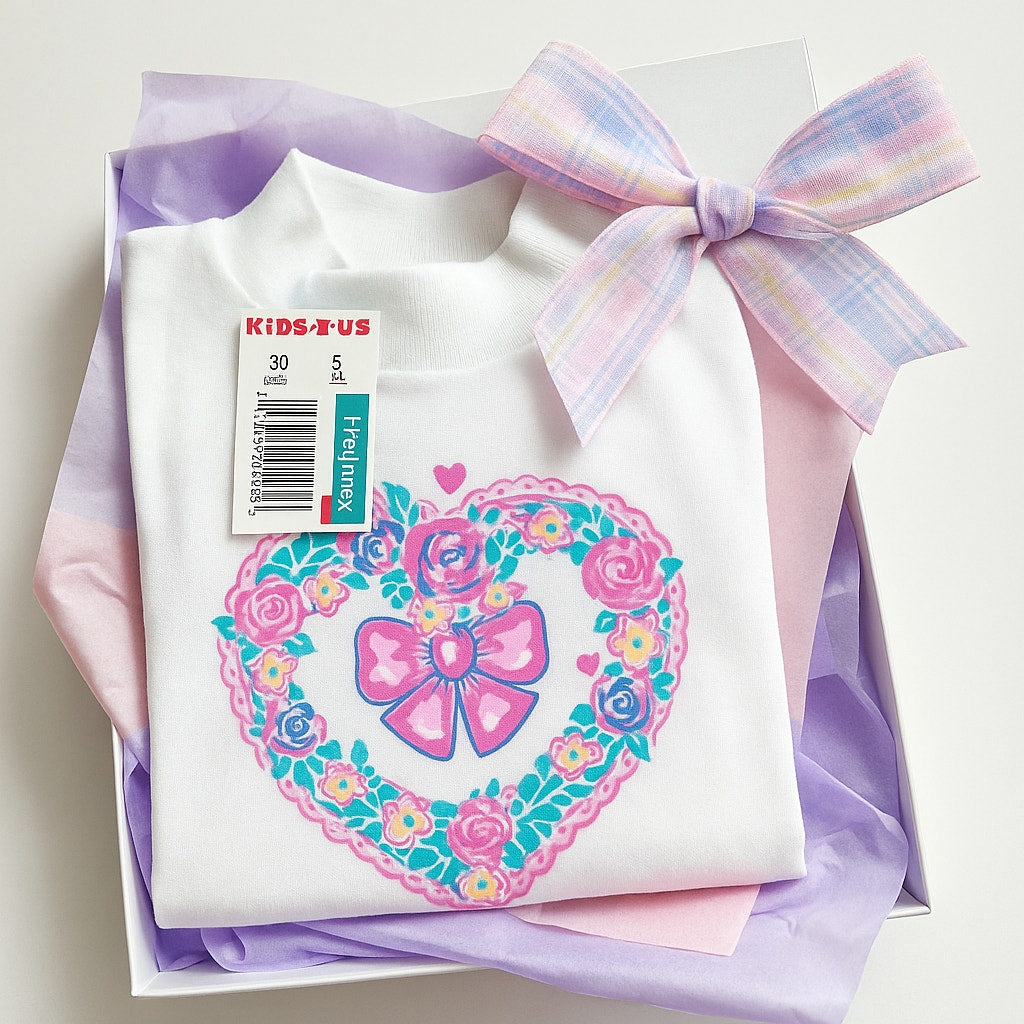 Healthtex Vintage 1980s Girls Mock Turtleneck Shirt – White Long Sleeve, Heart Wreath Bow Print, Retro Toys R Us – Size 5 – Made in USA NWT