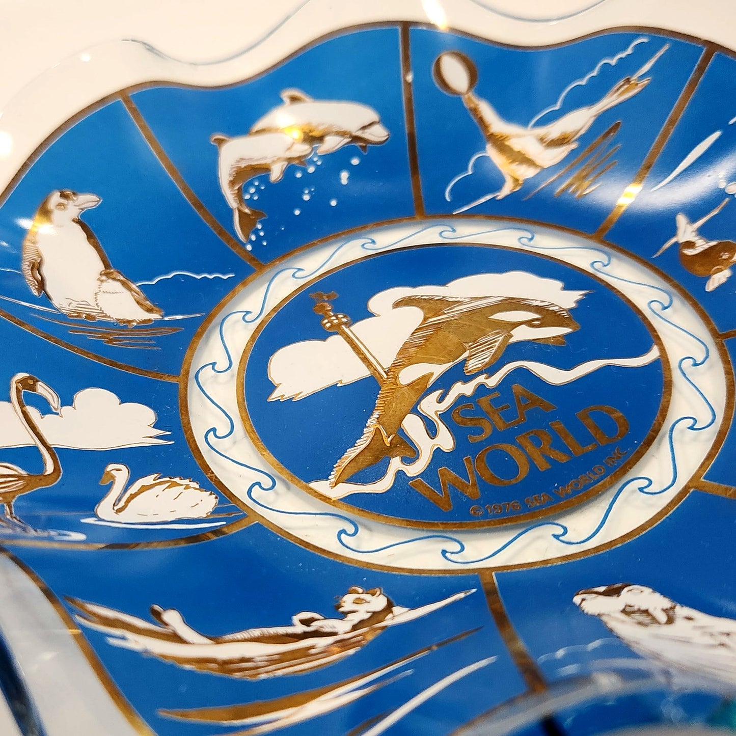 Vintage Sea World Souvenir Blue Glass Ruffled Edge Dish | 1970s Retro Shamu