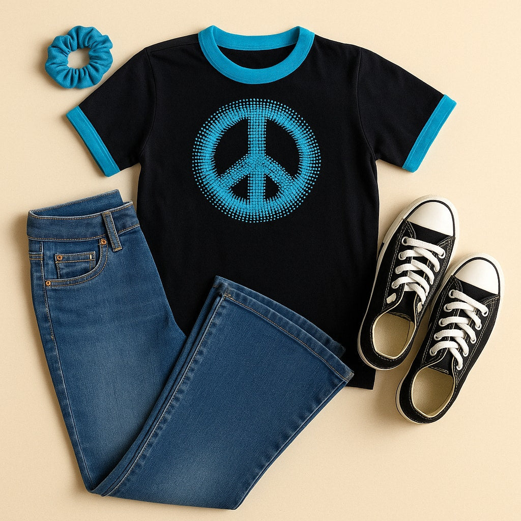 Vintage Y2K The Children’s Place Peace Sign T-Shirt – Retro Black & Turquoise Ringer Tee, Size Small 5/6, 2000s Kids Graphic Shirt