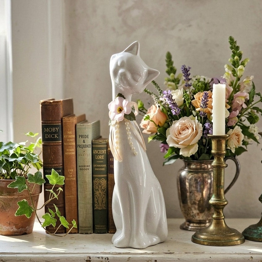 Mid-Century Tall White Ceramic Cat Figurine