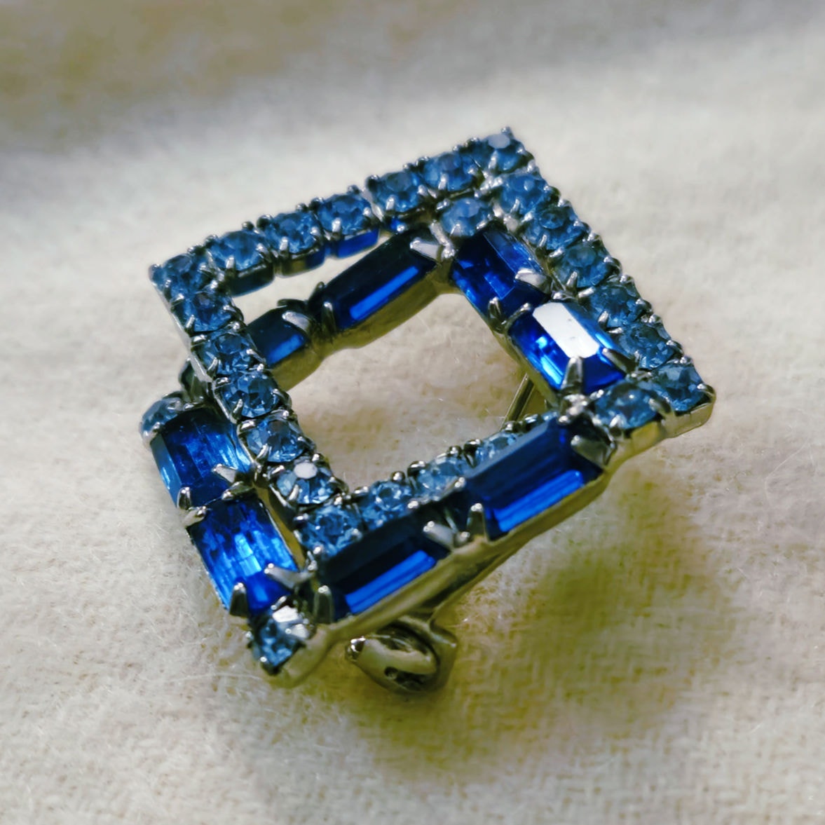 MCM Art Deco Square Blue Rhinestone Brooch