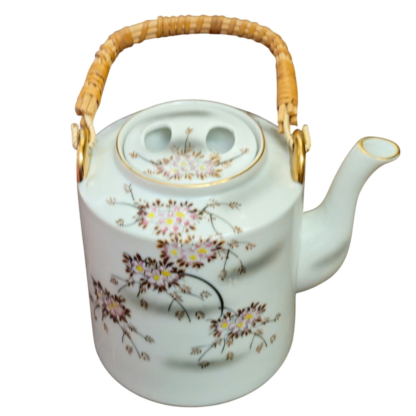 Mid-Century Japanese Cherry Blossom Porcelain Teapot with Rattan Handle | Vintage 1950s