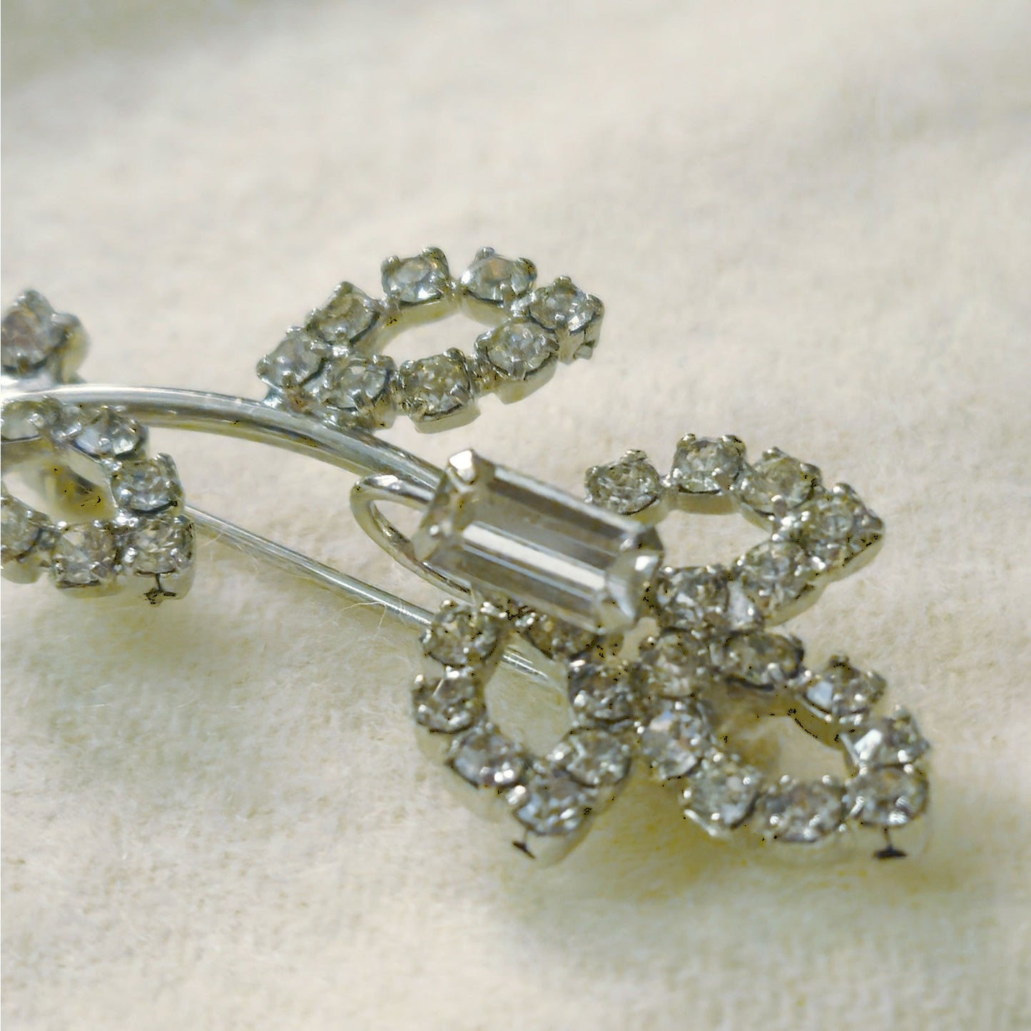 Vintage Silver Rhinestone Floral Brooch | Mid-Century Bridal Accent Pin