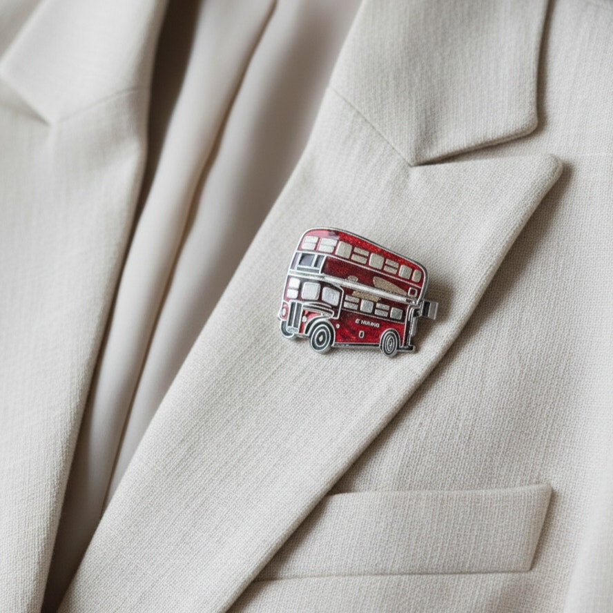 Vintage Red Double Decker Bus Brooch | 1980s Glitter Enamel London Bus Pin