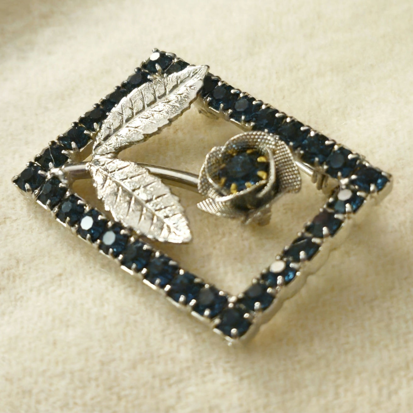 Vintage Mid-Century Blue Rhinestone Flower Brooch | Sapphire Rectangular Pin