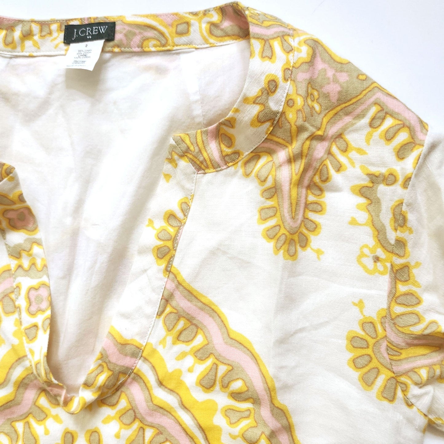 J.Crew Linen Boho Tunic Dress Women’s Size 2 Pink Yellow Ivory 3/4 Sleeve Lined