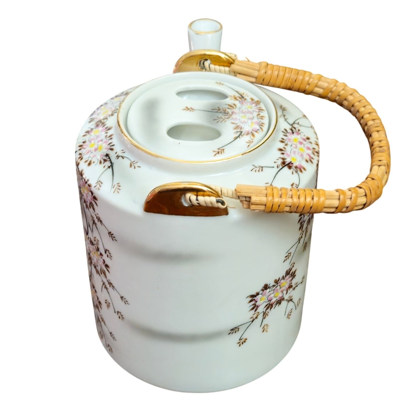 Mid-Century Japanese Cherry Blossom Porcelain Teapot with Rattan Handle | Vintage 1950s