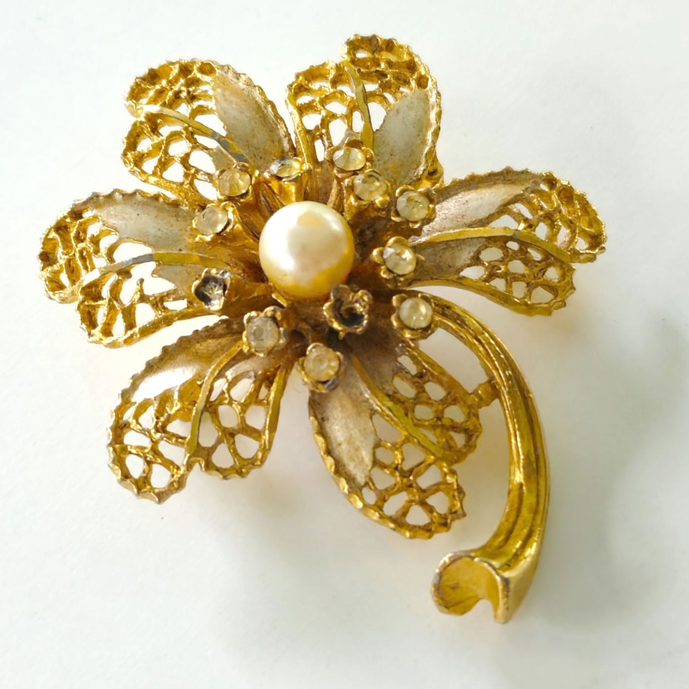 Vintage BSK Gold Tone  Flower Brooch | Mid Century Filigree Pearl Rhinestone Pin