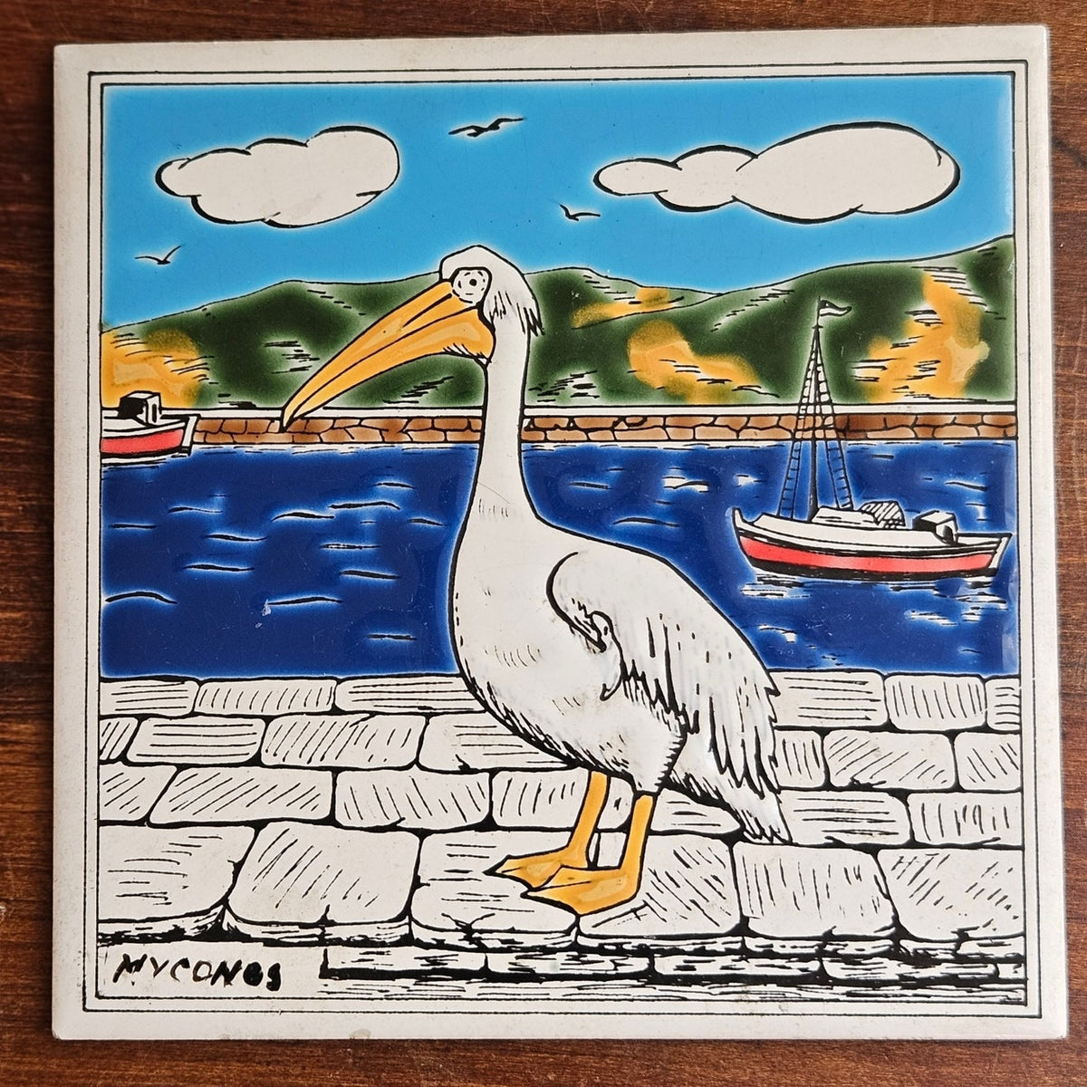1970s Mykonos Pelican Greek Ceramic Tile