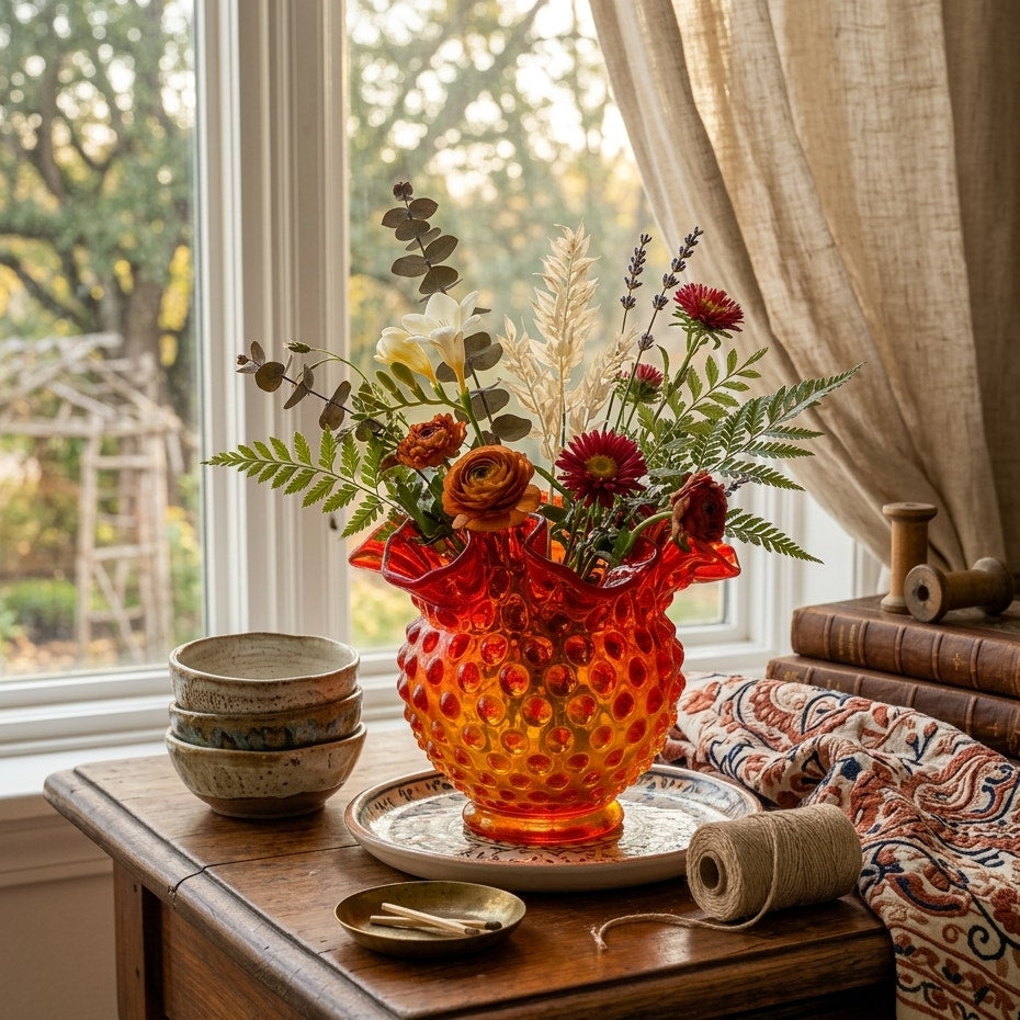 Vintage Amberina Hobnail Glass Rose Bowl