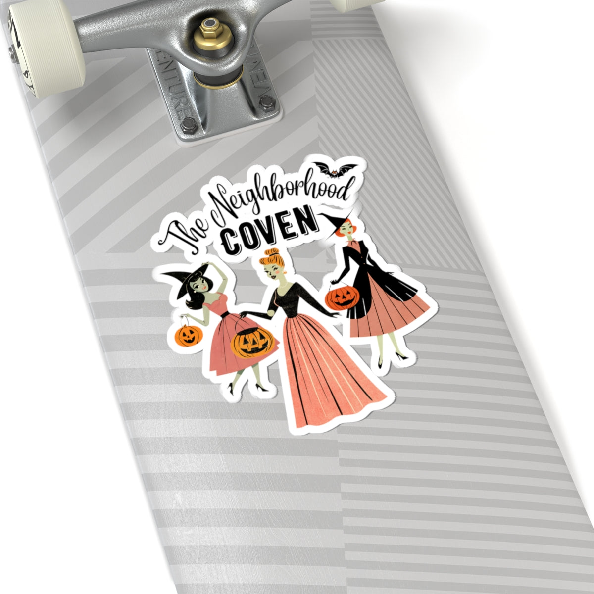 Neighborhood Coven Halloween Kiss-Cut Sticker - Vintage Witch Trio Pumpkin Design