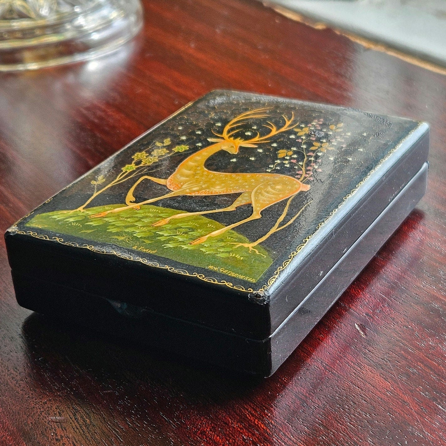 Kholuy Russian Lacquer Miniature Box | Signed & Hand Painted Deer Lan Scene