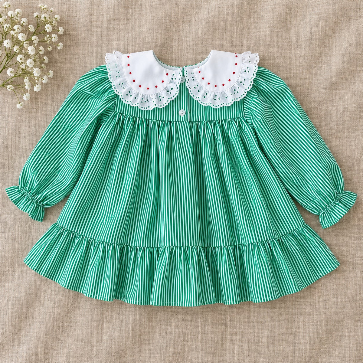 1980s Baby Togs Green Stripe Eyelet Pinafore Dress | Girls 12M