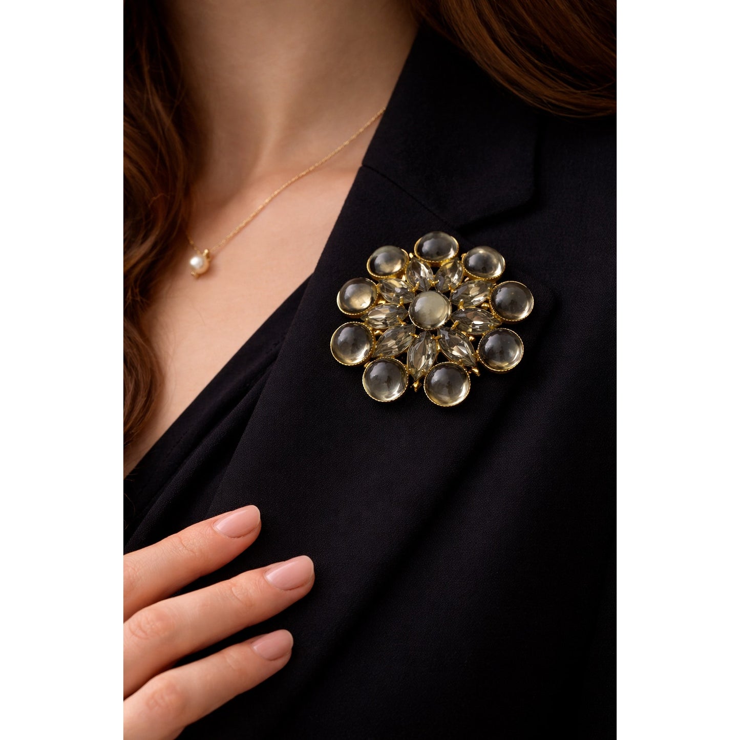 Vintage Olive Green and Smoky Rhinestone Brooch | Large Mid Century Statement Floral Cluster Pin