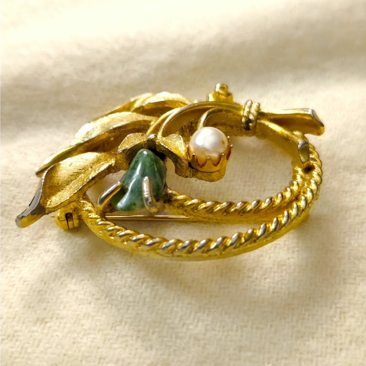 1960s Gold Leaf Brooch with Pearl & Green Stone