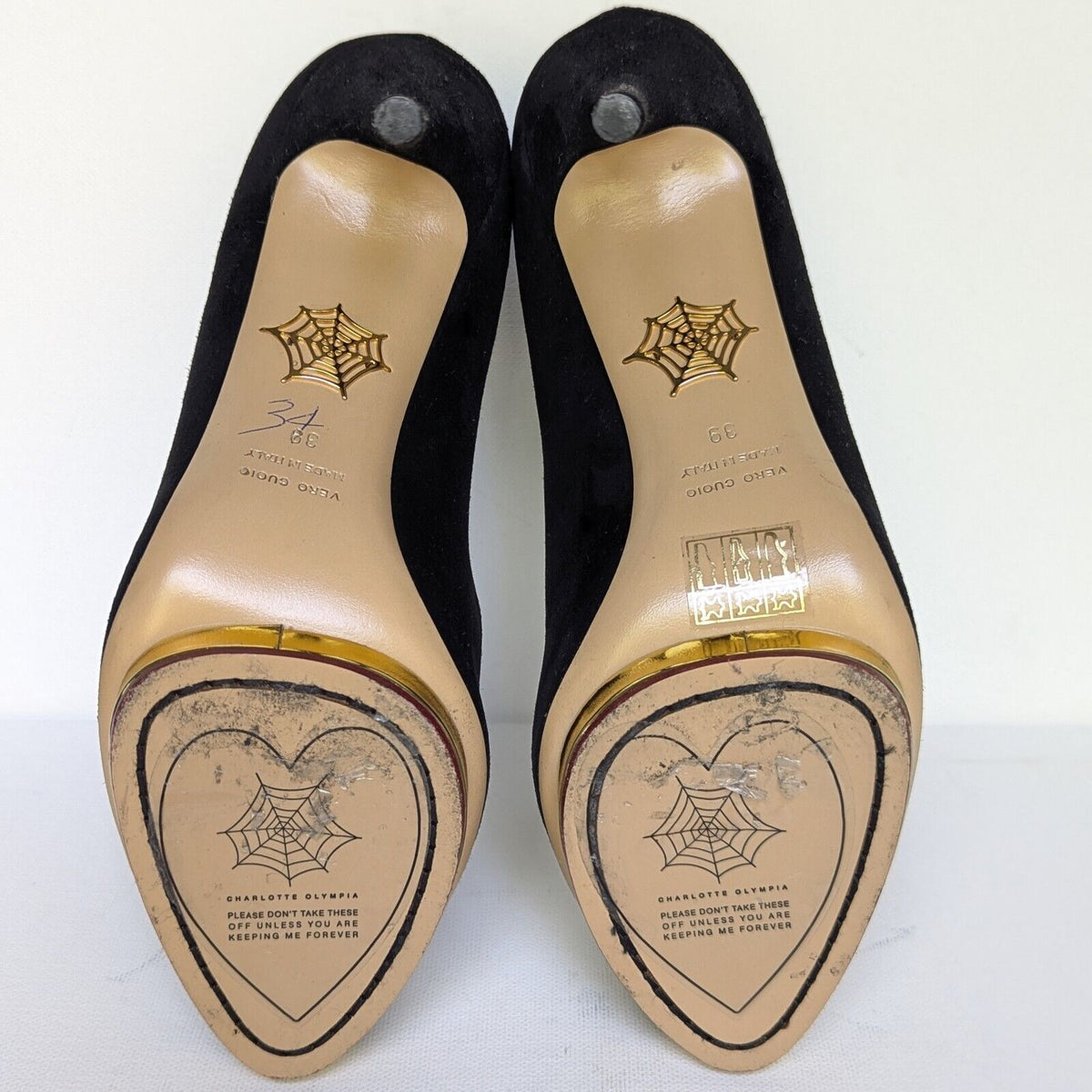 Charlotte Olympia Black Suede & Gold Debbie Pumps Women's 39 / 8.5
