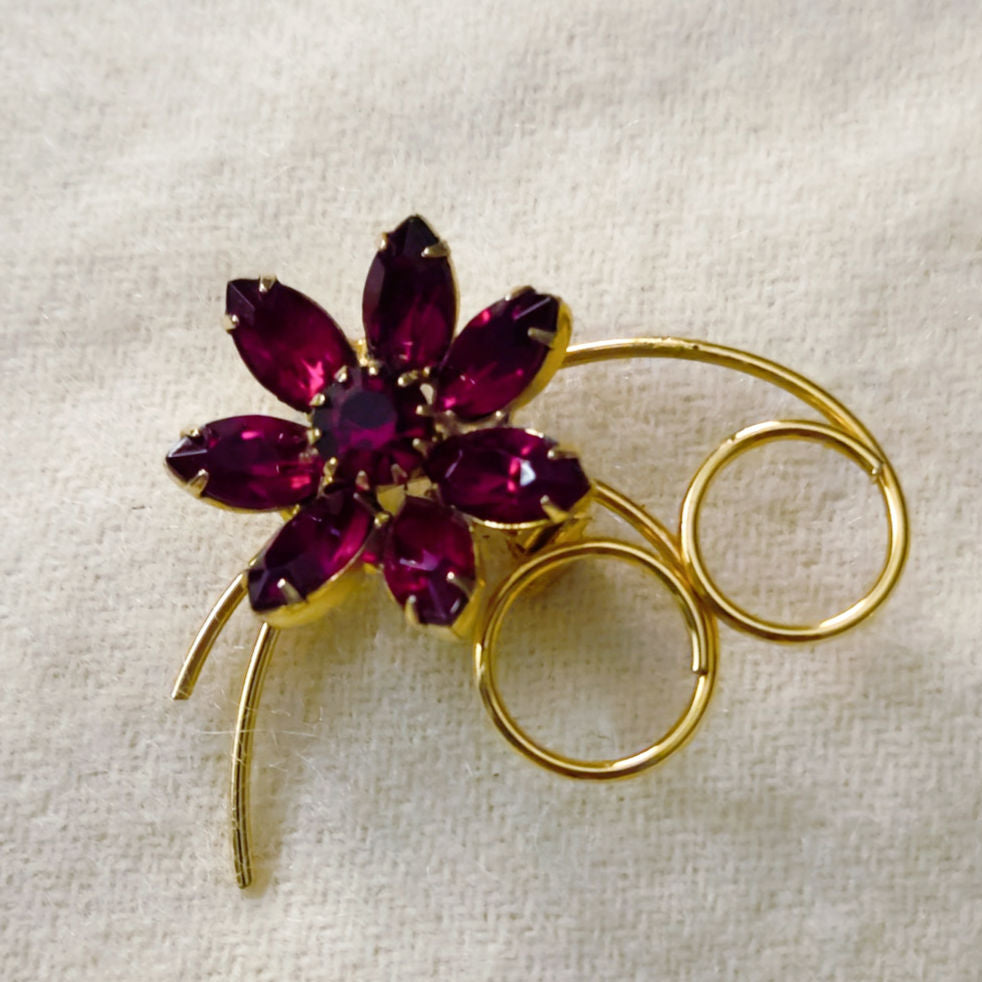 Vintage Red Rhinestone Flower Brooch Gold Tone | Mid Century Ruby Glass Statement Pin