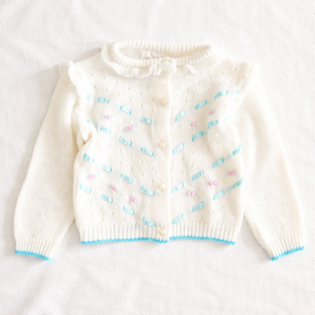 Vintage White Rosette Cardigan Sweater | Mid Century Starlight Trading Girls 2T