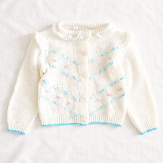 Vintage White Rosette Cardigan Sweater | Mid Century Starlight Trading Girls 2T