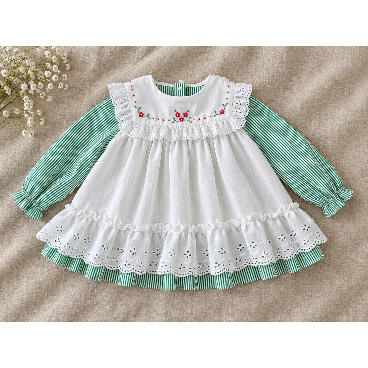 1980s Baby Togs Green Stripe Eyelet Pinafore Dress | Girls 12M