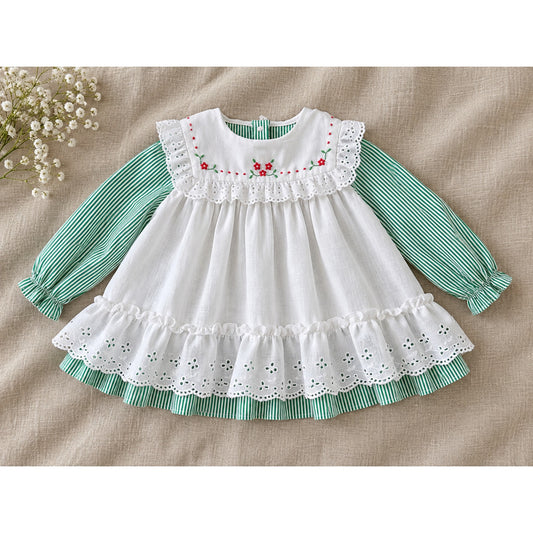 1980s Baby Togs Green Stripe Eyelet Pinafore Dress | Girls 12M