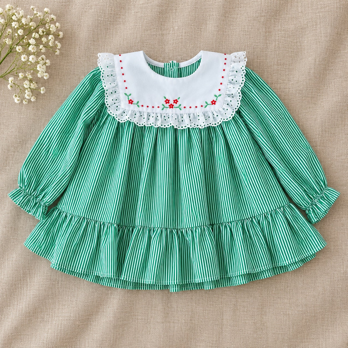 1980s Baby Togs Green Stripe Eyelet Pinafore Dress | Girls 12M