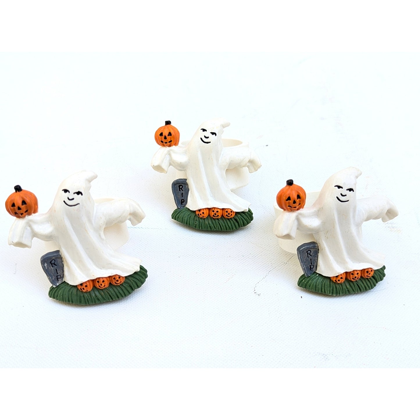 Set of 3 1990s Halloween Ghost Jack-o’-Lantern Pumpkin Stoneware Napkin Rings