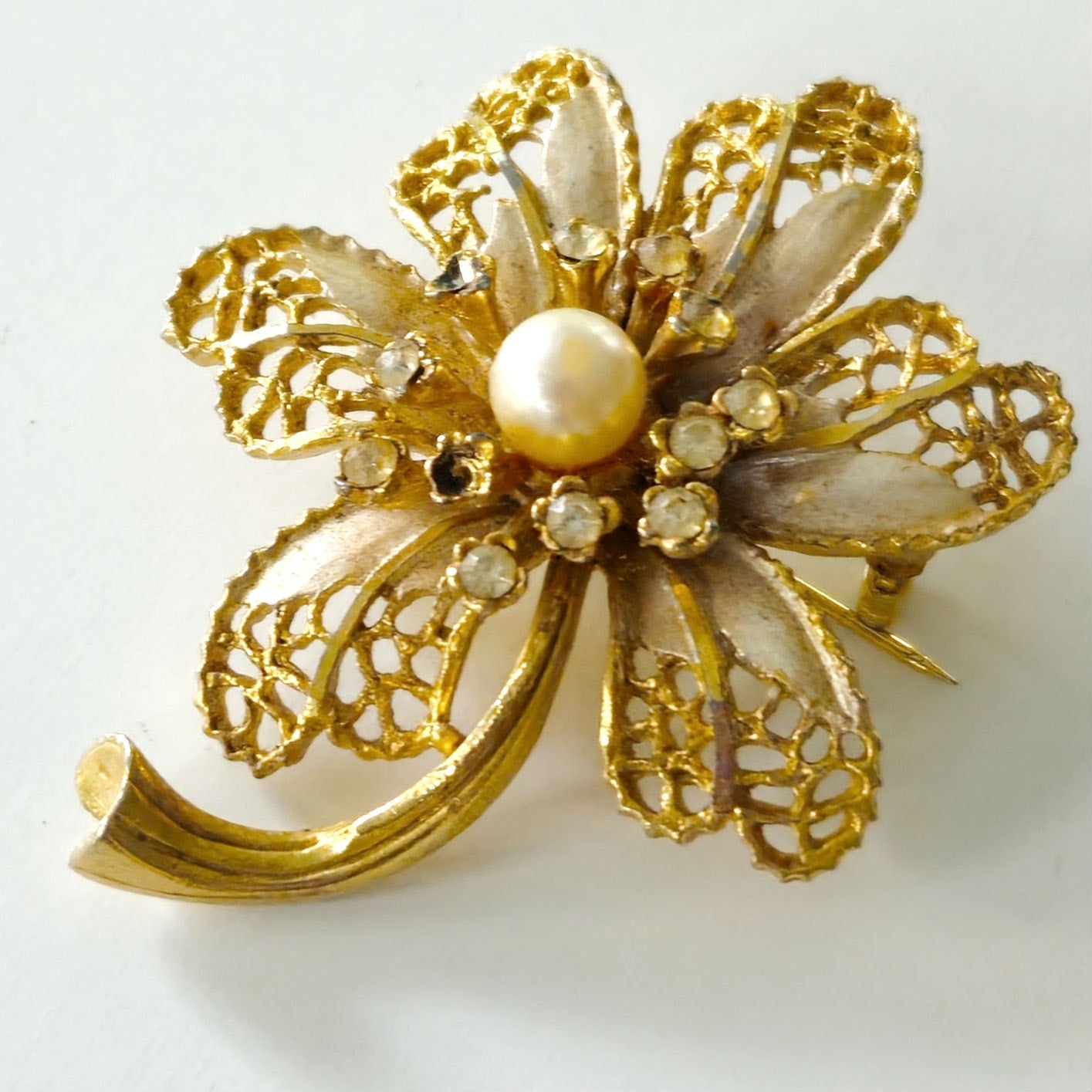 Vintage BSK Gold Tone  Flower Brooch | Mid Century Filigree Pearl Rhinestone Pin