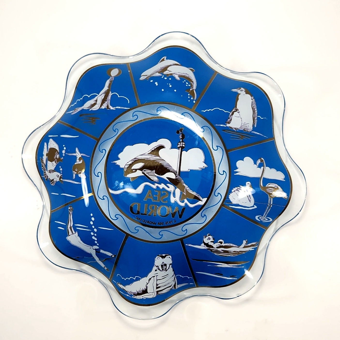 Vintage Sea World Souvenir Blue Glass Ruffled Edge Dish | 1970s Retro Shamu