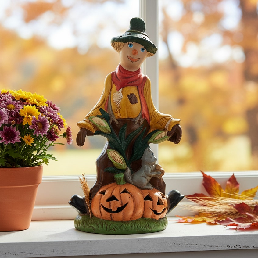 1970s Ceramic Halloween Scarecrow & Pumpkin Luminary