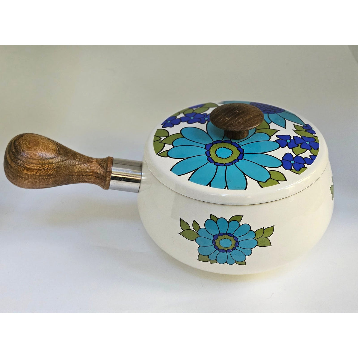 1970s Blue Floral Fondue Set
