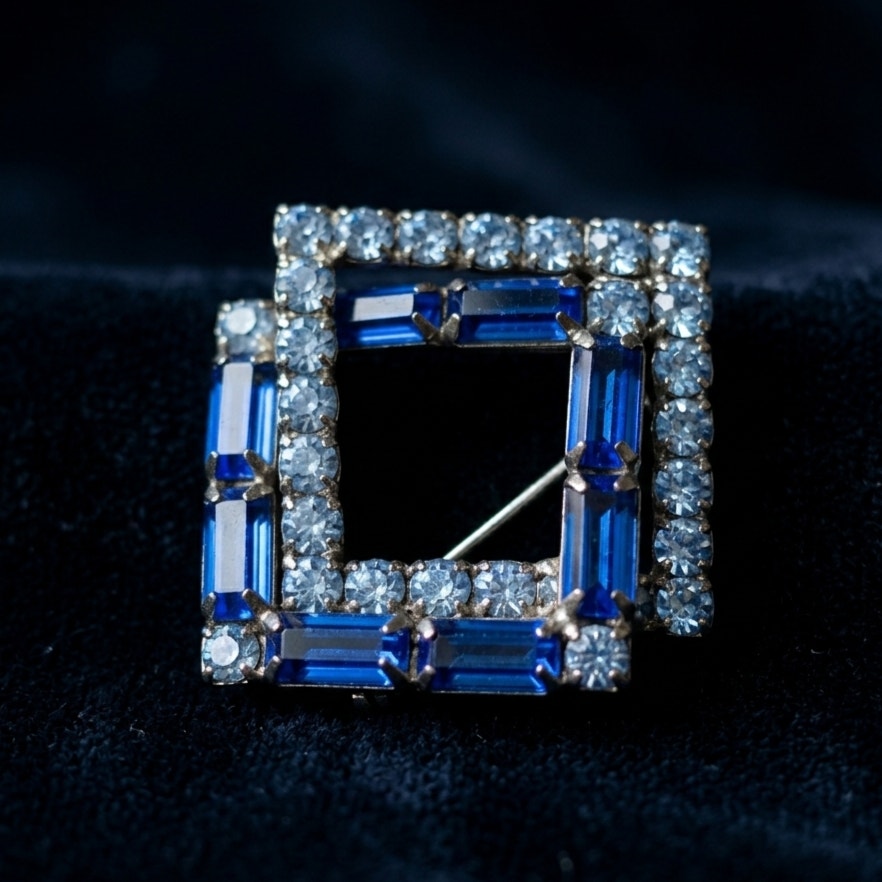 MCM Art Deco Square Blue Rhinestone Brooch