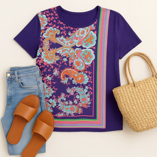 Maeve for Anthropologie Maddie Printed Paisley Top | Purple Multicolor | Women's Size S