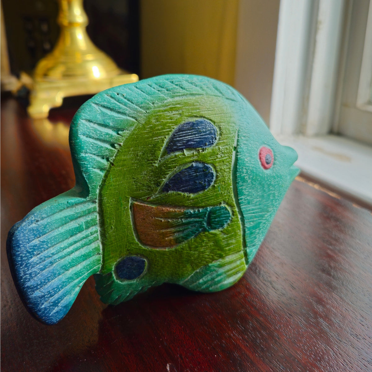Vintage Hand Carved Wooden Fish Figurine | Mid-Century Turquoise Coastal Art