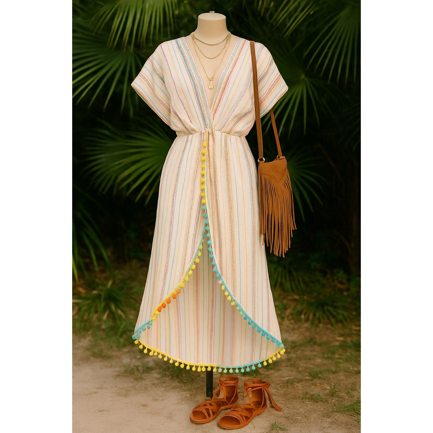 America & Beyond Rainbow Sunshine Pom Pom Beach Cover-Up Dress | Women's Size XL