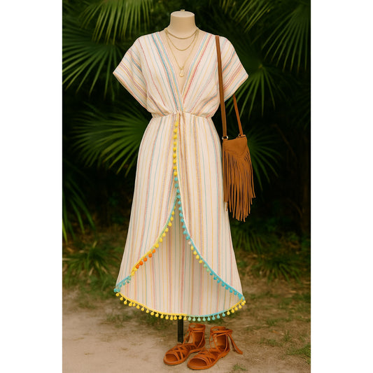 America & Beyond Rainbow Sunshine Pom Pom Beach Cover-Up Dress | Women's Size XL