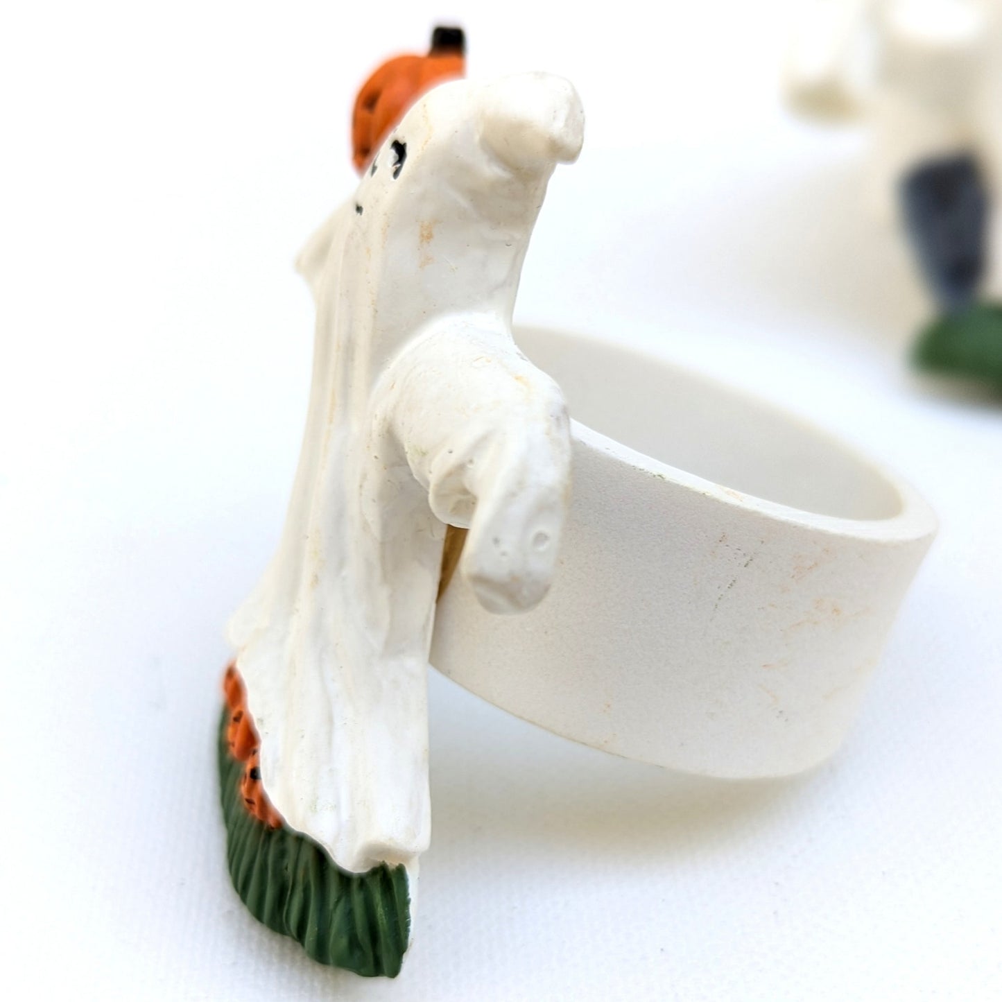 Set of 3 1990s Halloween Ghost Jack-o’-Lantern Pumpkin Stoneware Napkin Rings