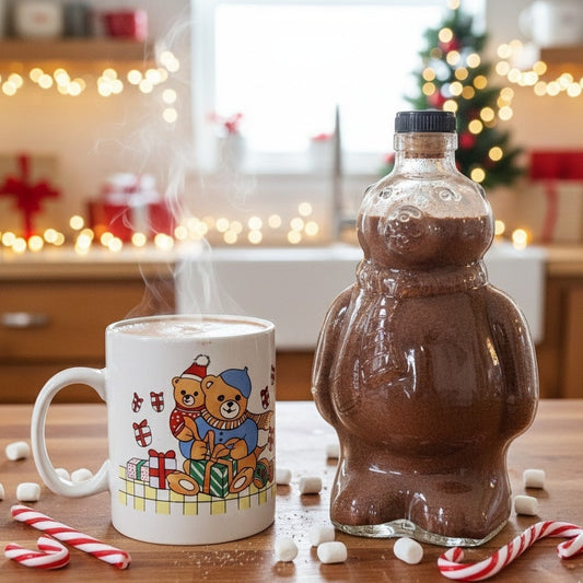 Vintage Christmas Hot Cocoa Gift Bundle — Teddy Bear Holiday Mug + Glass Polar Bear Bottle with Cork Stopper