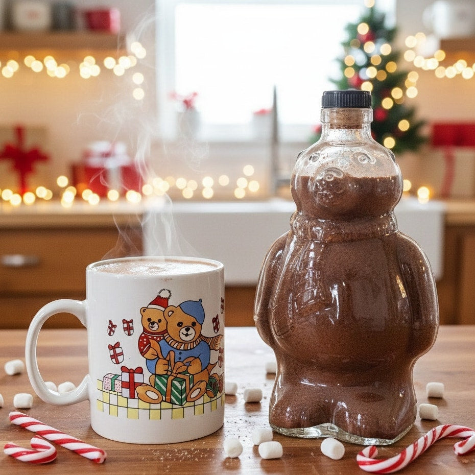 Vintage Christmas Hot Cocoa Gift Bundle | Teddy Bear Mug + Polar Bear Bottle