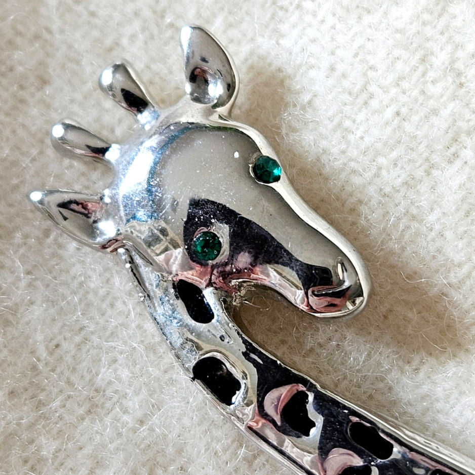 Vintage Giraffe Brooch | 1990s Silver Tone with Emerald Eyes Animal Pin