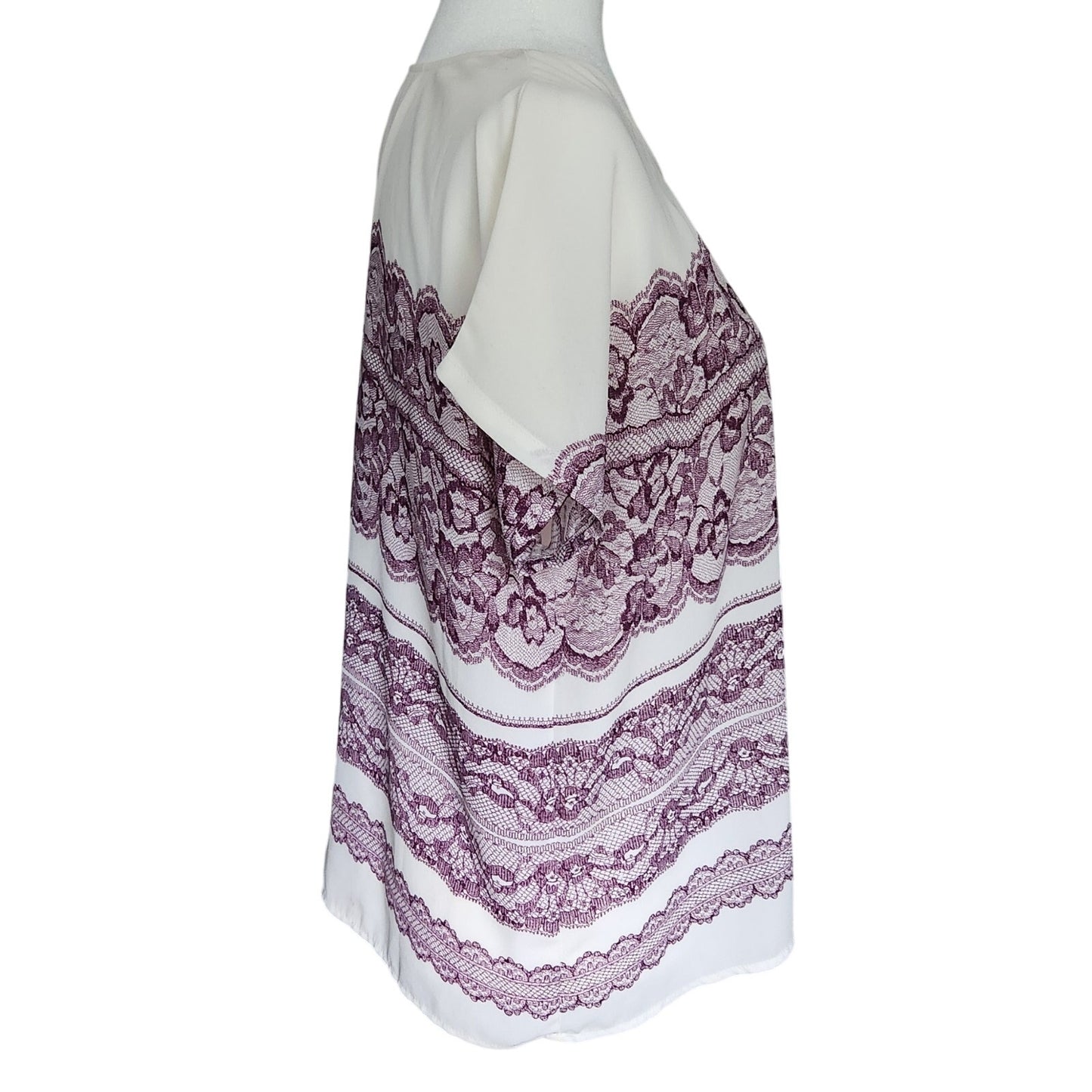 Under Skies Women’s Short Sleeve Purple Lace Print Blouse | Lightweight Pleated Top | Women's Size M