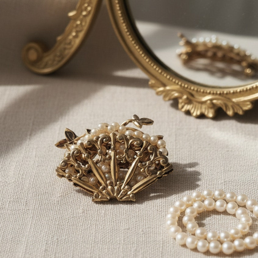 Mid-Century Vintage Gold Tone Filigree Fan Brooch with Faux Pearls